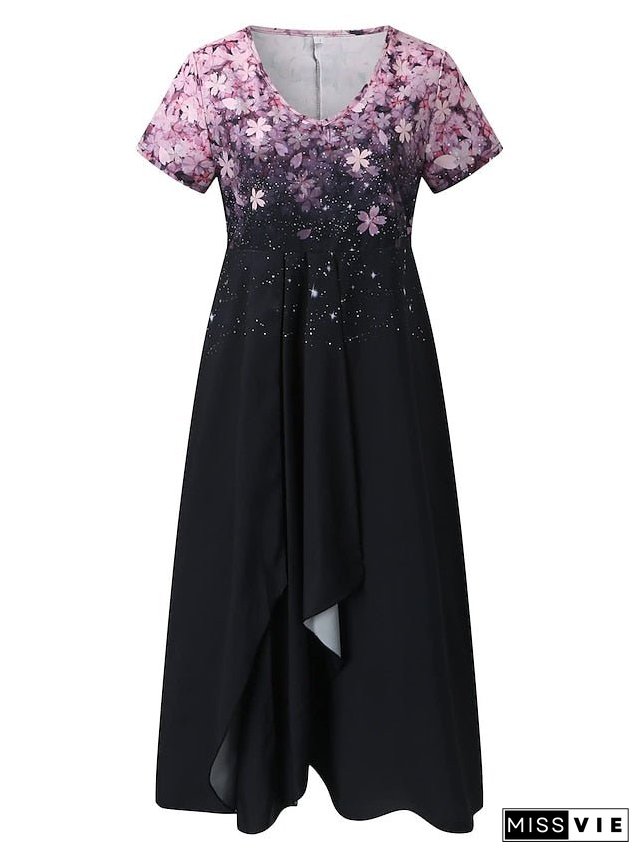 Women's Plus Size A Line Dress Floral V Neck Print Short Sleeve Spring Summer Elegant Midi Dress Daily Vacation Dress