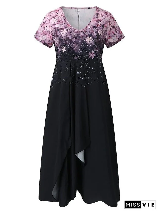Women's Plus Size A Line Dress Floral V Neck Print Short Sleeve Spring Summer Elegant Midi Dress Daily Vacation Dress