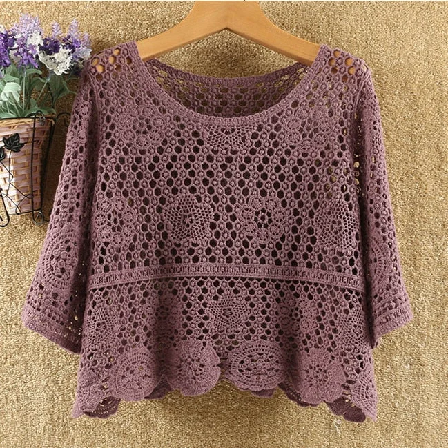 Pullover summer short hedging knitted hollow flower small outer super fairy all-match lace top