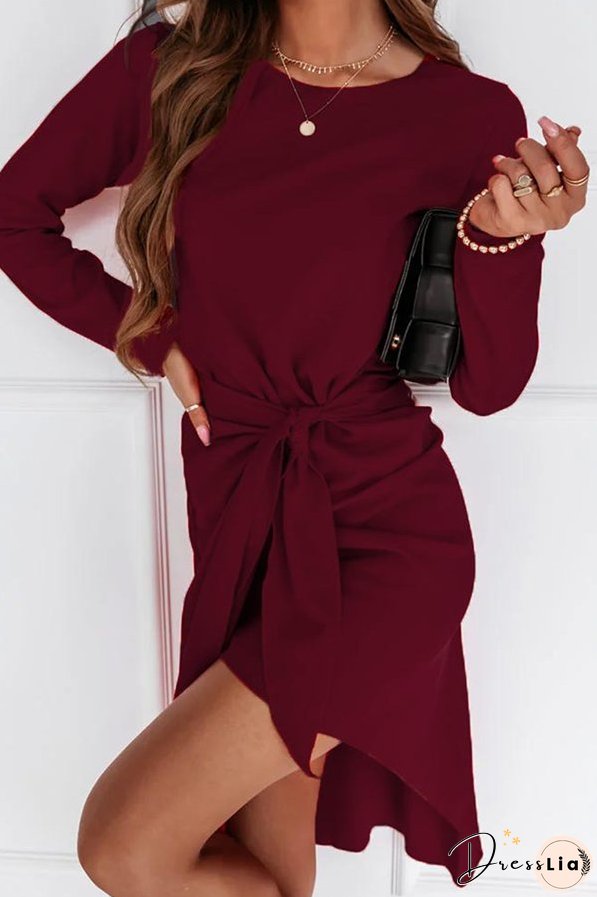 Fashion Elegant Solid With Belt O Neck Long Sleeve Dresses（3 colors）