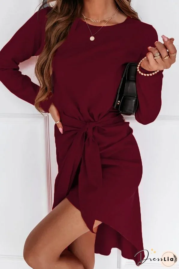 Fashion Elegant Solid With Belt O Neck Long Sleeve Dresses（3 colors）