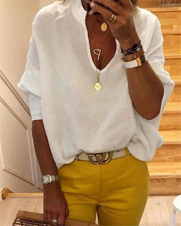Loose Casual Solid Women Summer V Neck Holiday Daily Blouse - Chicaggo