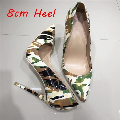VCshoes Army Green Camouflage 12cm High Heeled Pumps Shallow Pointed Toe Woman Party Women Wedding Shoes QP098
