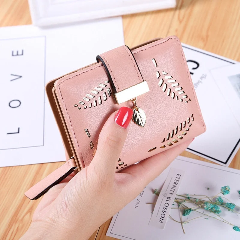 2020 New Women Short Wallet Zipper Buckle Hollow Leaves Small Wallet PU Leather Wallet Card Holder Female Coin Coin Purse