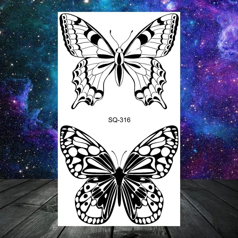 Black Skull Rose Flower Temporary Tattoos For Women Adult Girls Kids Snake Scorpion Wolf Tree Fake Tattoo Finger Ear Tatoos