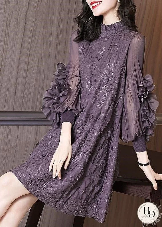 Original Design Purple Stand Collar Embroidered Nail Bead Silk Maxi Dress Long Sleeve