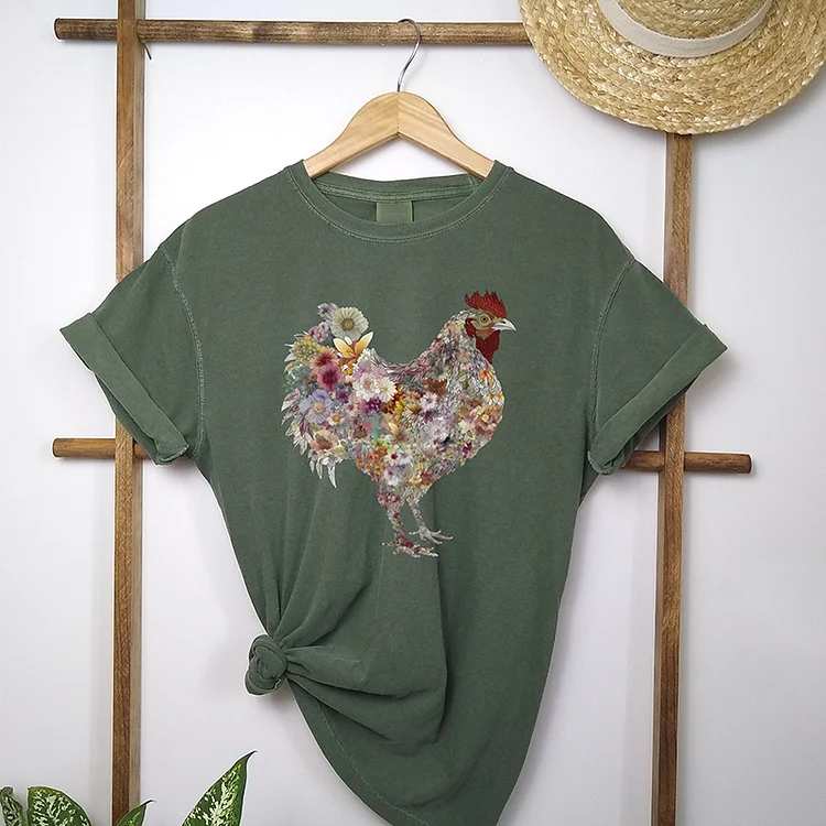 VChics Women's Retro Floral Chicken Farmer Casual T-Shirt