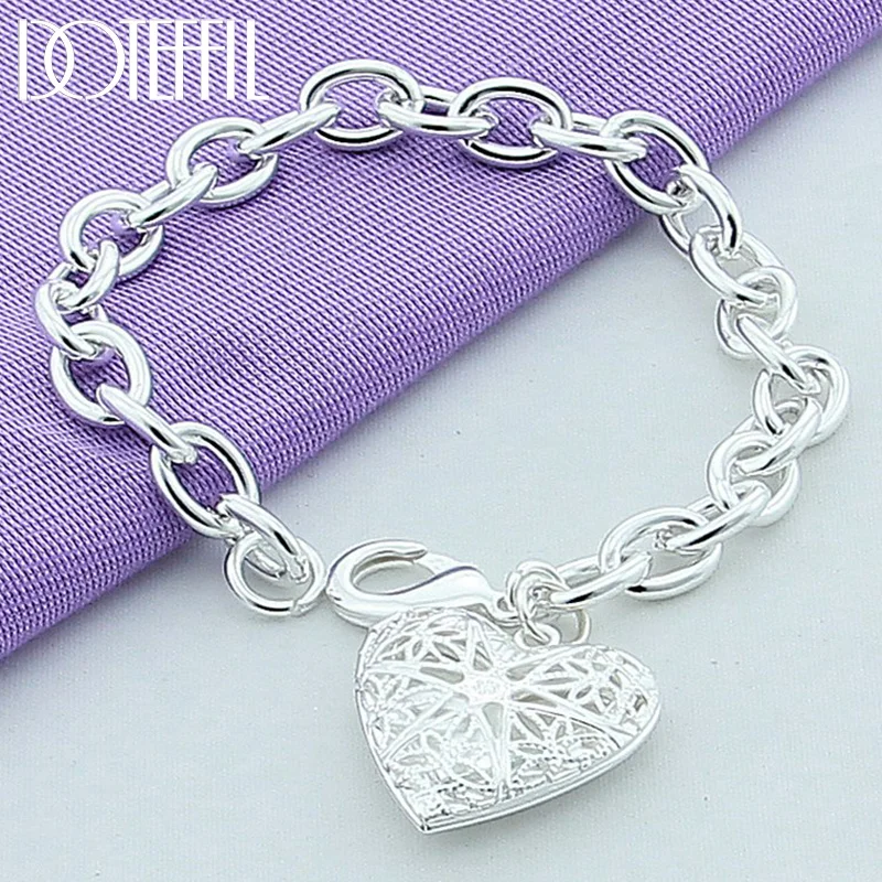 DOTEFFIL 925 Sterling Silver Heart Shape Photo Frame Pendant Bracelet For Woman Jewelry