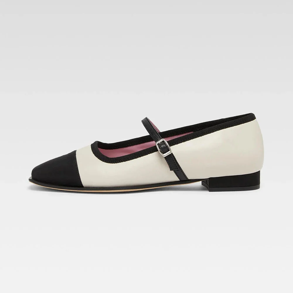 Elegant Beige & Black Square Toe Comfy Buckle Mary Jane Flats