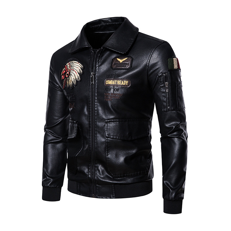 Mens Tribal Embroidery Eagle Head Badge Pocket Zipper Long Sleeve PU Leather Jackets