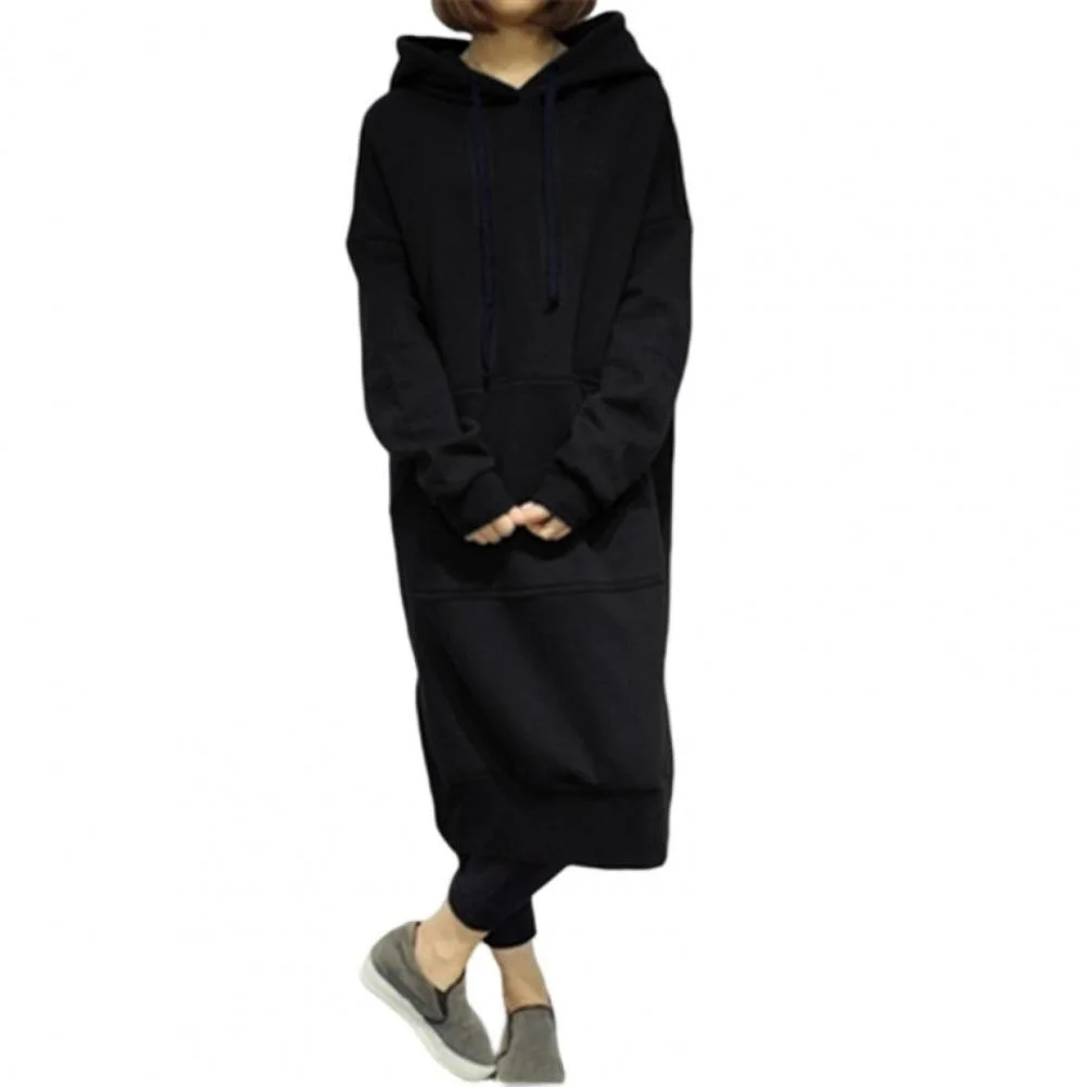 Hoodie Dress Patch Pocket Split Hem Solid Color Pullover Long Dress Casual Wear Winter Warm Drawstring Hooded Sweatshirt Women C