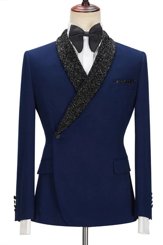 Shining Dark Navy Business Formal Suit For Prom With Black Lapel