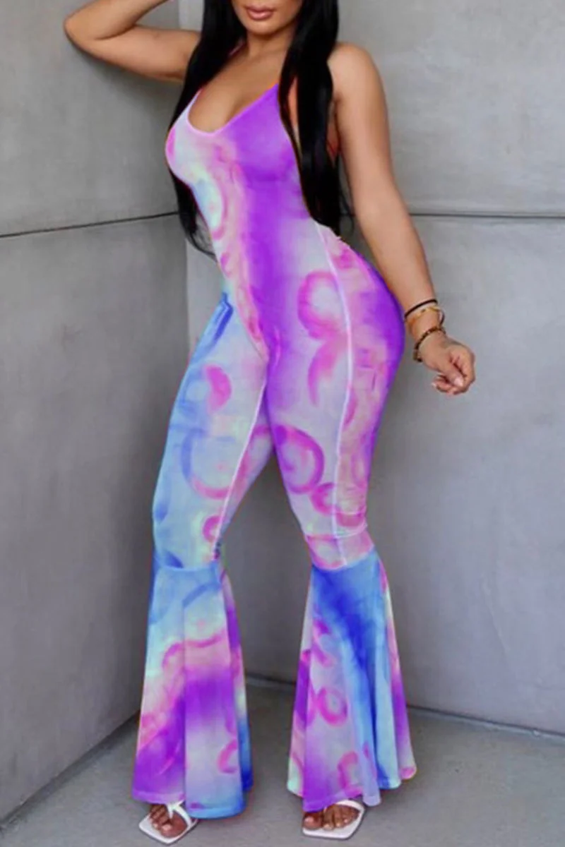 Purple Sexy Print Bandage Patchwork Backless Flounce V Neck Straight Jumpsuits | EGEMISS