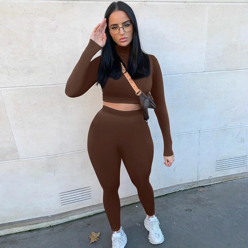 Hugcitar 2020 Long Sleeve Sexy Crop Tops Leggings 2 Pieces Set Summer Women Streetwear Outfits Pure Tracksuit Joggings Suit