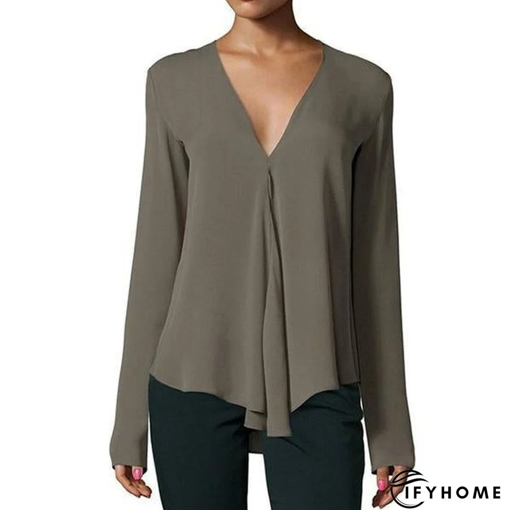 Vintage Women Chiffon Blouse Shirt V-Neck Long Sleeve Casual Plus Size Blouse | IFYHOME