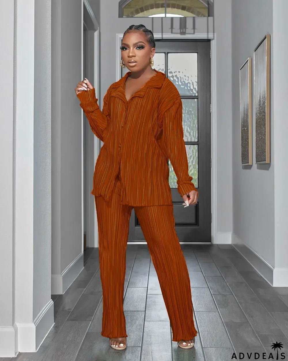 Women Casual Long Sleeve Shirt + Pants Home Two Piece Set