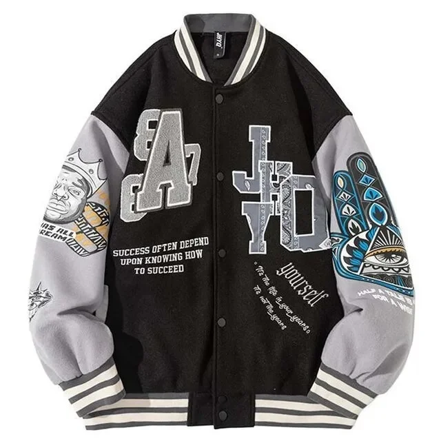 Wlkwo Wlkwo   Men Woman Retro Varsity Jacket Hip Hop Loose Pattern Embroidery Splicing Bomber Jackets Street Preppy Thin Baseball Uniform Fall
