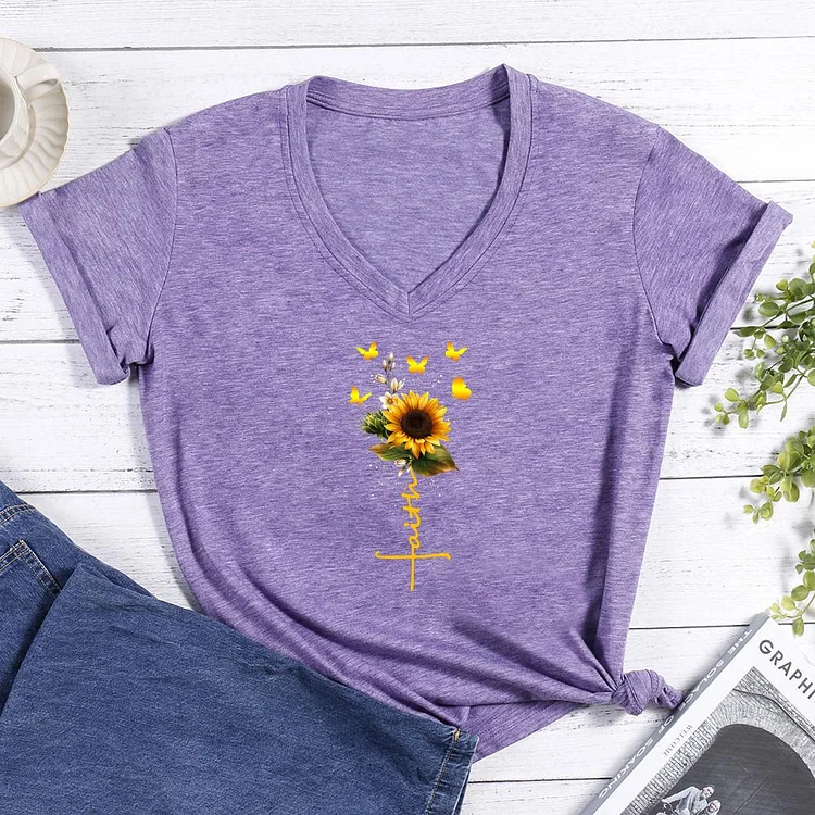 Faith Sunflower V-neck T Shirt-Annaletters