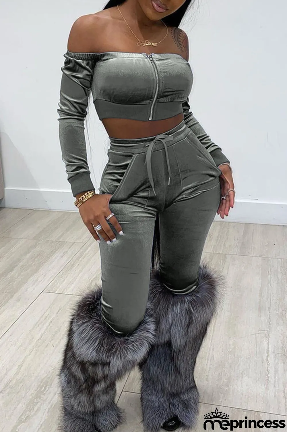 Silver Sexy Solid Bateau Neck Two Pieces