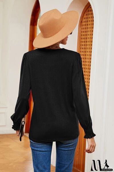 MidiSono - Lace Detail V-Neck Lantern Sleeve T-Shirt