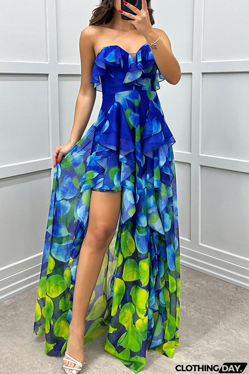 Sexy Gradient Print Ruffle Slit Strapless Irregular Dresses(3 Colors)