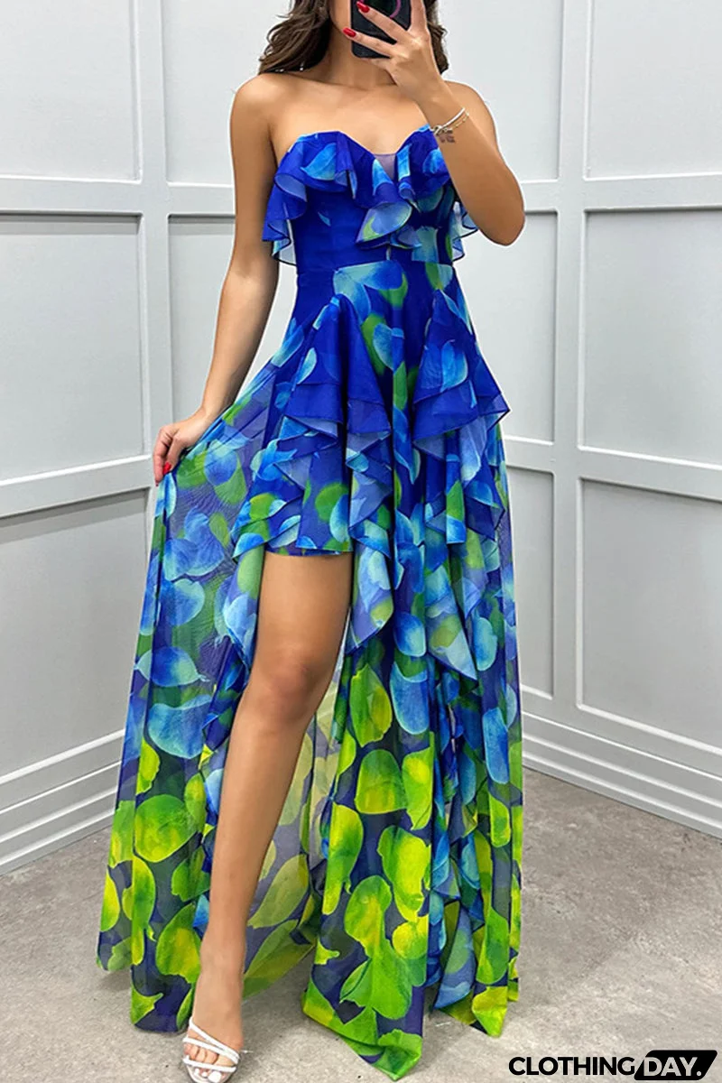 Sexy Gradient Print Ruffle Slit Strapless Irregular Dresses(3 Colors)