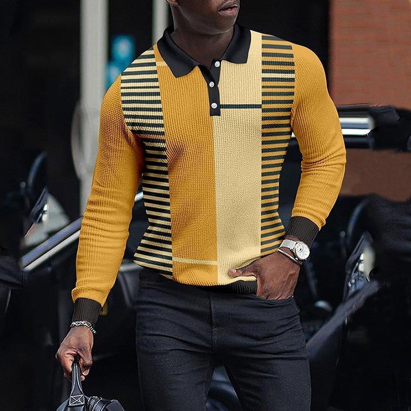 Men's casual colorblock long-sleeved polo shirt