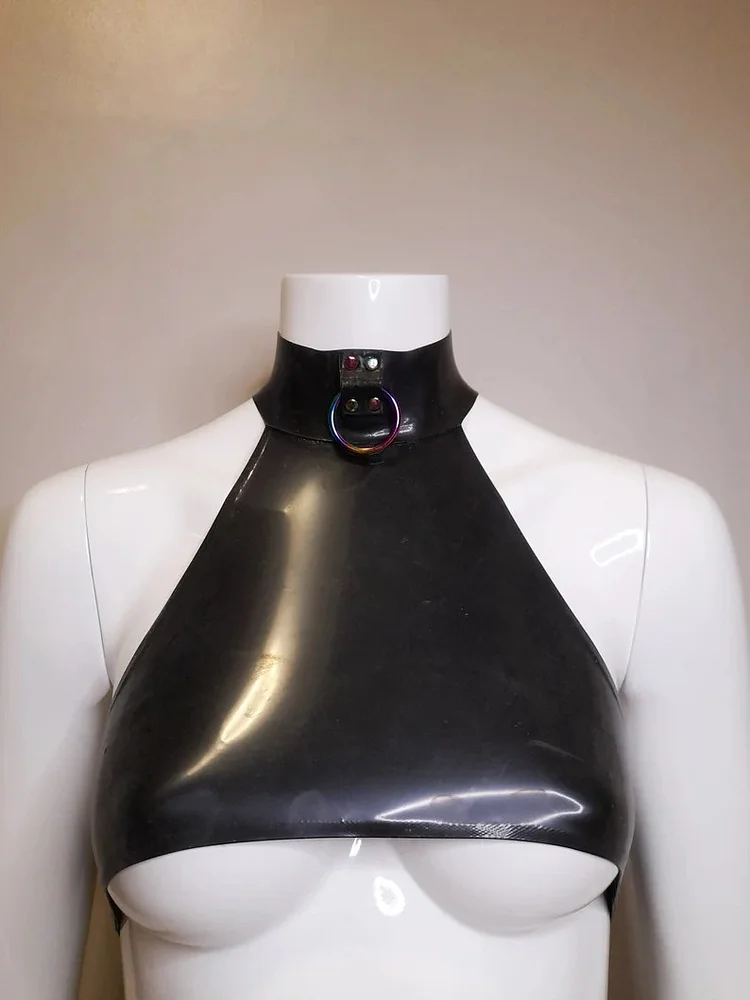 Women Latex Tops Under-Boob Black O-Ring Halter Top