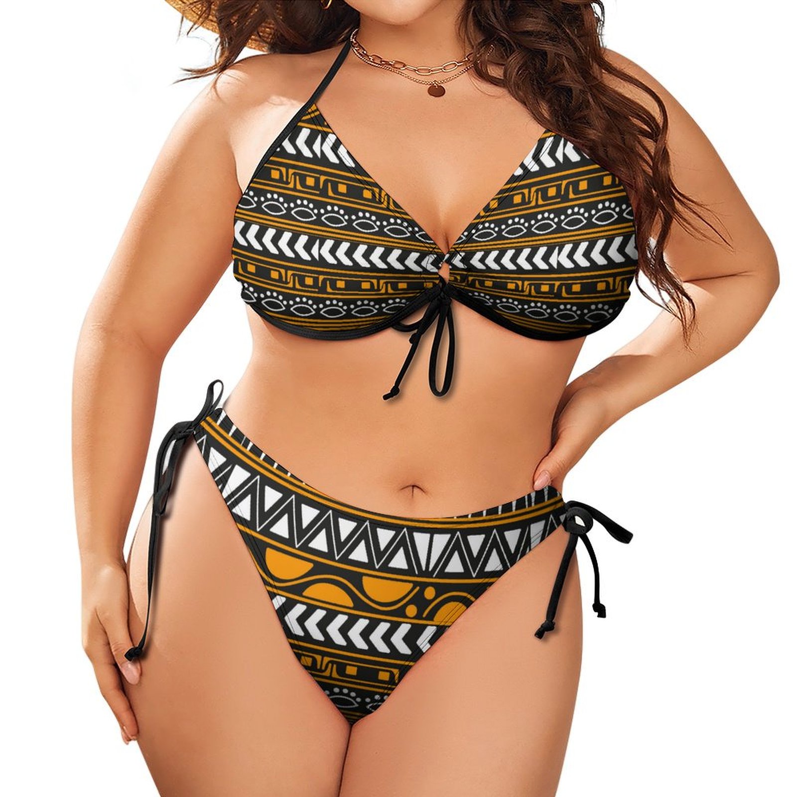Women's African Pattern Plus Size Triangle Bikini String Two Piece Halter Tie Side Swimsuit