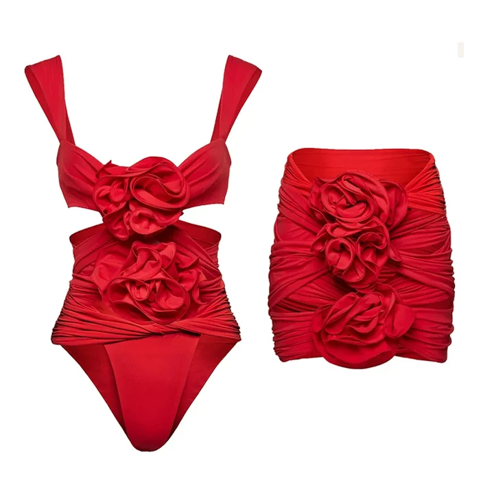 3D Flower Cutout One Piece Swimsuit and Skirt Flaxmaker