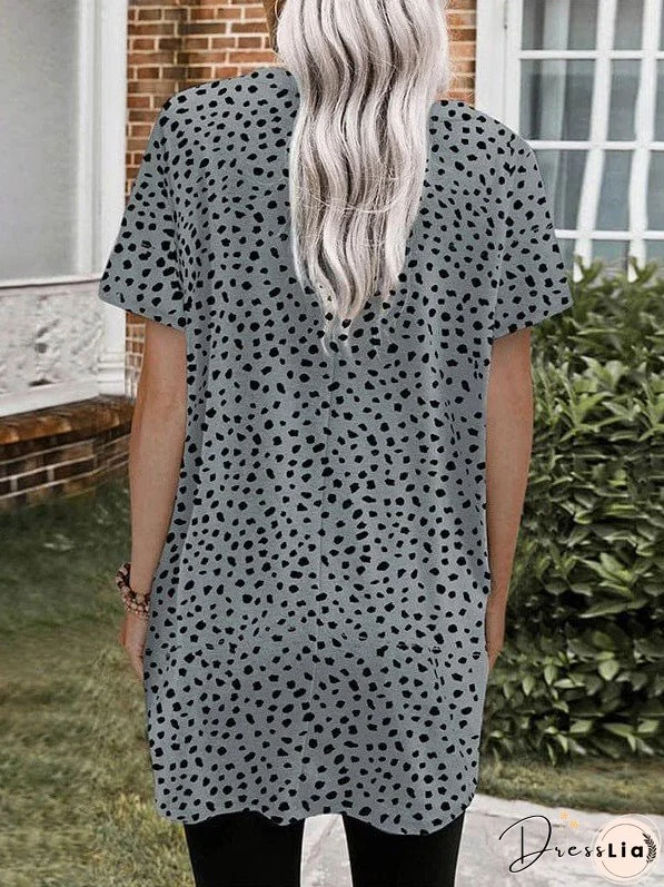 Leopard Pattern Short-Sleeved Chiffon Tee Women'S Loose Fit Pullover Top