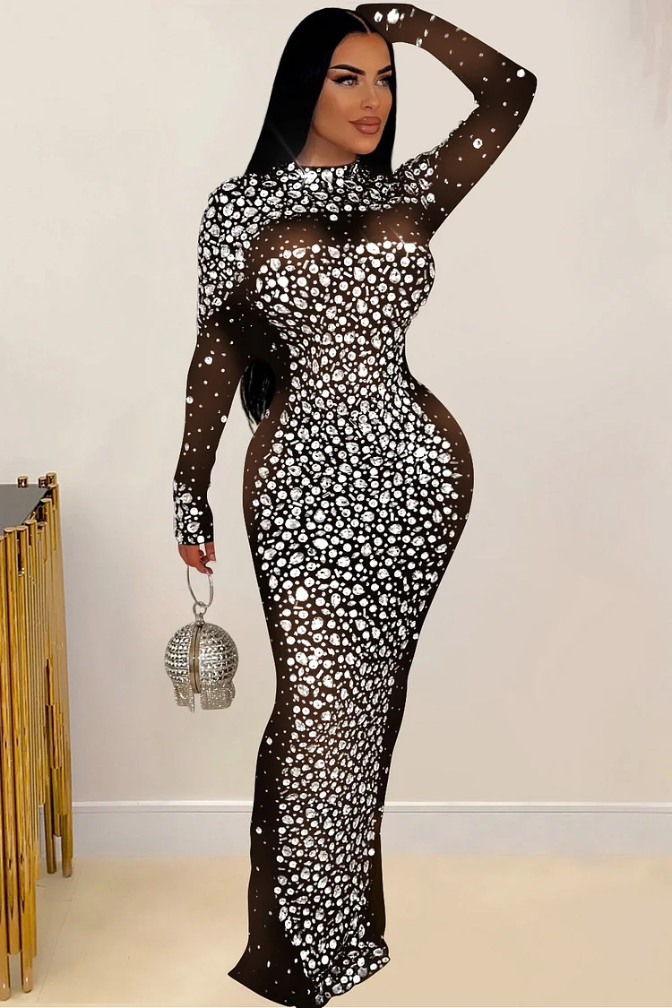 Mesh Rhinestone Mock Neck Long Sleeve Maxi Dress-Black
