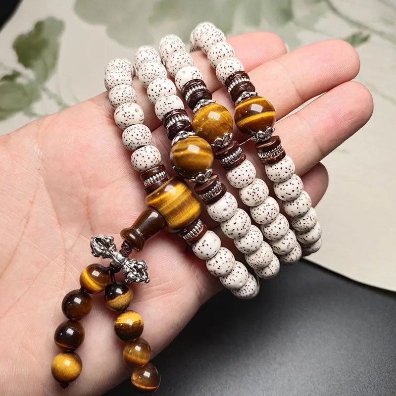 Natural Bodhi Seed Tiger Eye Wisdom Peace Bracelet Necklace Mala