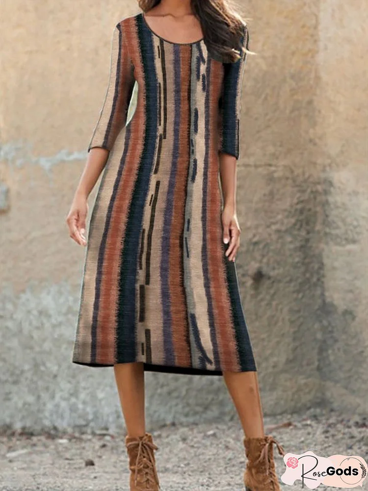 Geometric Casual Autumn Natural Daily Midi Three Quarter T-Shirt Dress Regular Dresses For Women