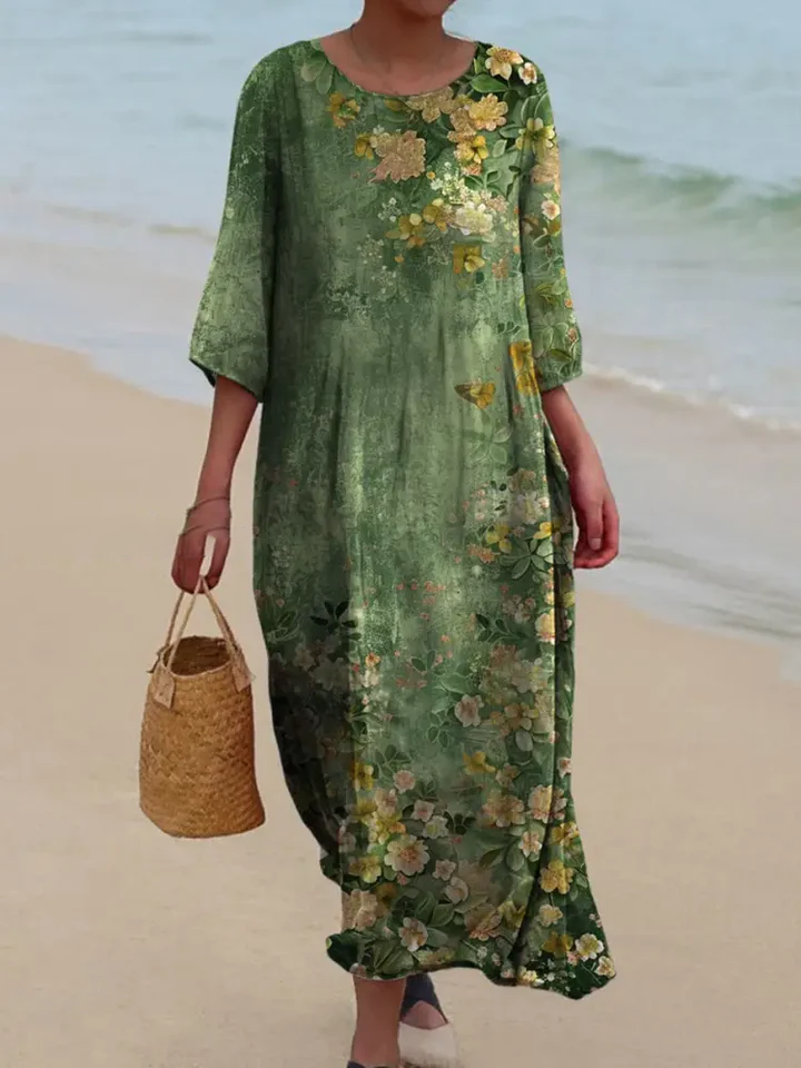 Womens Seaside Style  Full Of Spring Pattern Pocket Cotton Dress