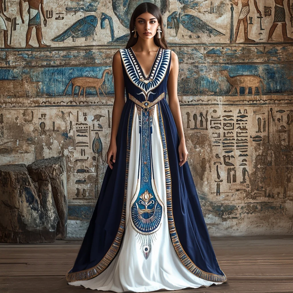 Women's Vintage Ancient Egyptian Blue Lotus Art Pattern Linen Dress