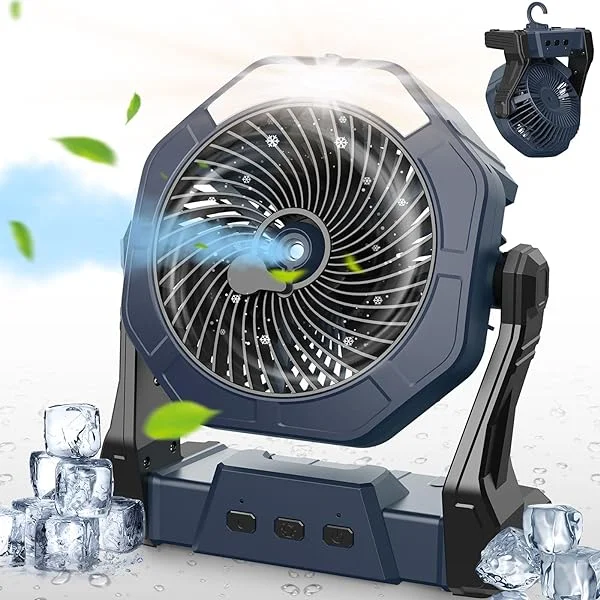 Misting Fan Portable, Camping Fan with Light & 250ml Water Tank, 10000mAh 8 Inch Battery Operated Rechargeable Fan, Outdoor Fans for Patios, Cooling Fan with Hook for Tents, Bedroom, Travel Dark Gray