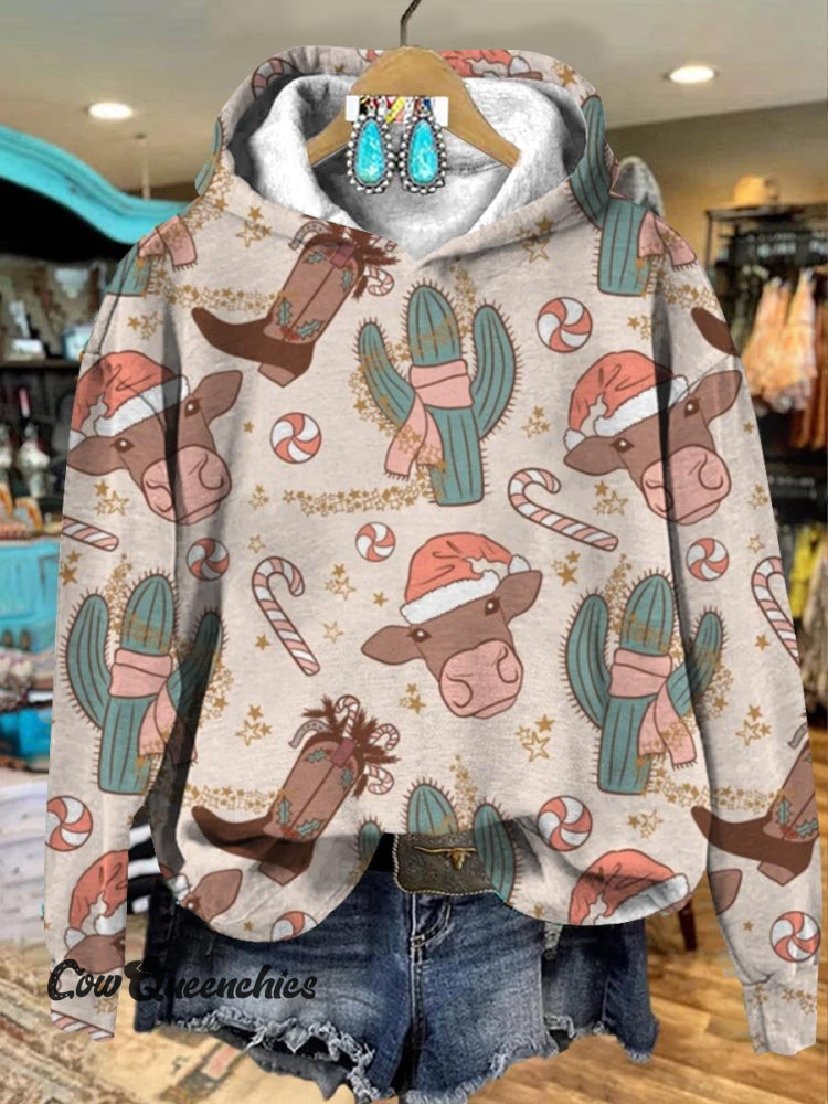 Christmas Cow And Cactus Print Casual Sweatshirt Multicolor / S
