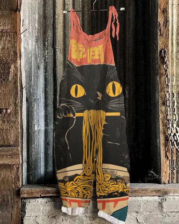 Vintage Cat Eating Ramen Art Print Loose Jumpsuit
