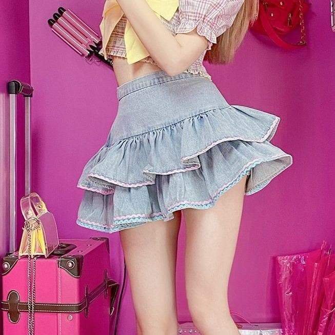 Cute Sweet Hot Girl Light Blue Mini High Waist Denim Puff Skirt SP15830
