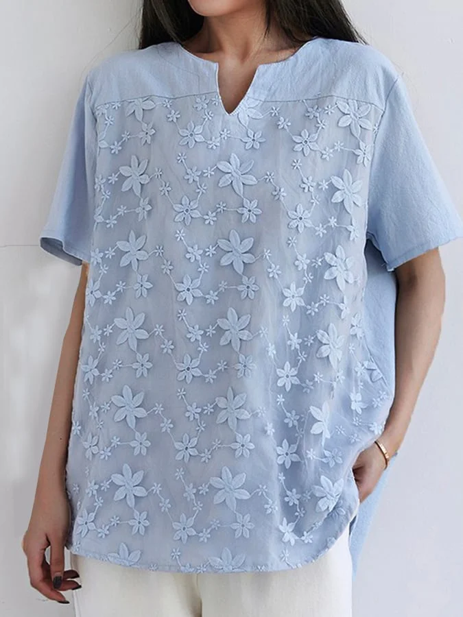 Casual Embroidered Short Sleeved V-Neck Loose Fitting Shirt