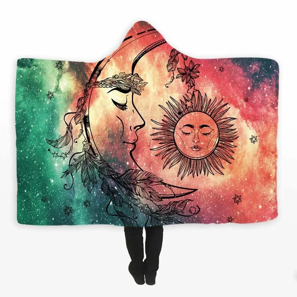 Mandala Hooded Blanket Printed Moon Star Sherpa Fleece Hoodie Blanket Microfiber Warm Soft Fluffy Throw Blanket For Adults Kids