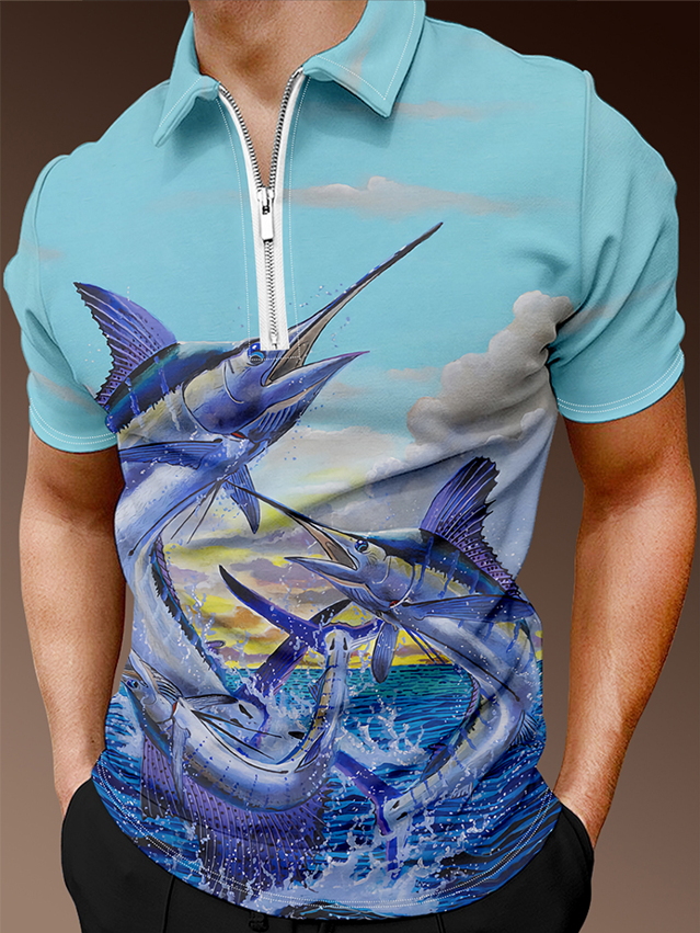 Men's Shark Ocean Resort Print Casual Polo Shirt