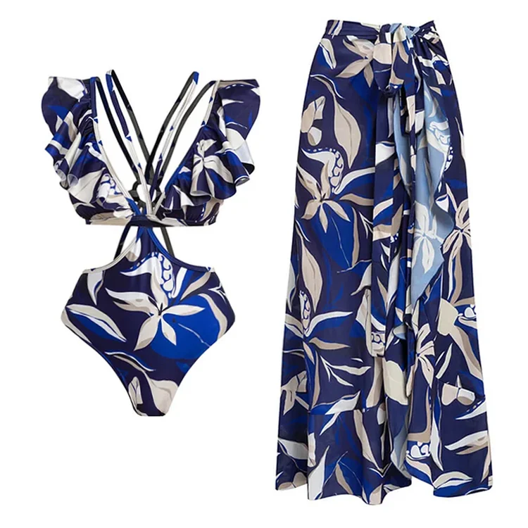 V Neck Printed Ruffle One Piece Swimsuit and Sarong