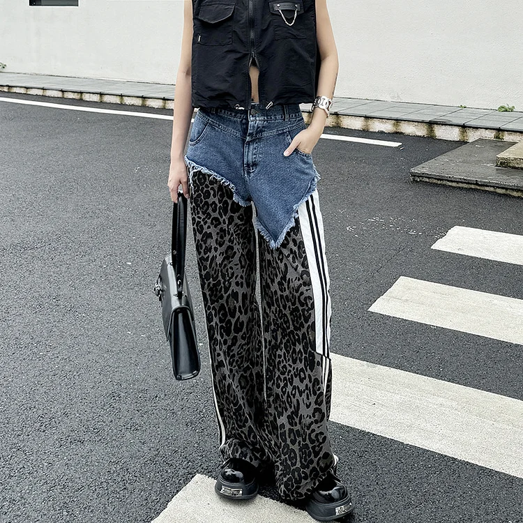 Street Style Colorblocked Leopard Print High Waist Jeans