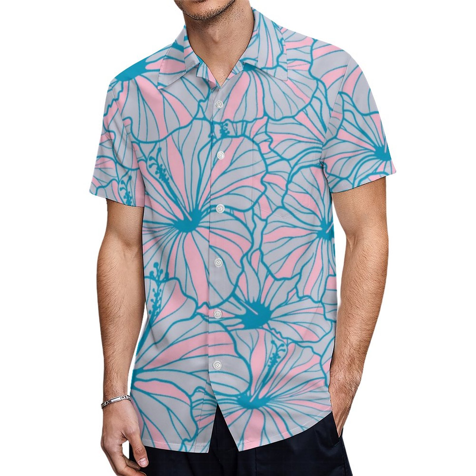 Elegant Tropical Blue Floral Hibiscus Pattern Hawaiian Shirt Mens Button Down Tropical Hawaii Beach Shirts