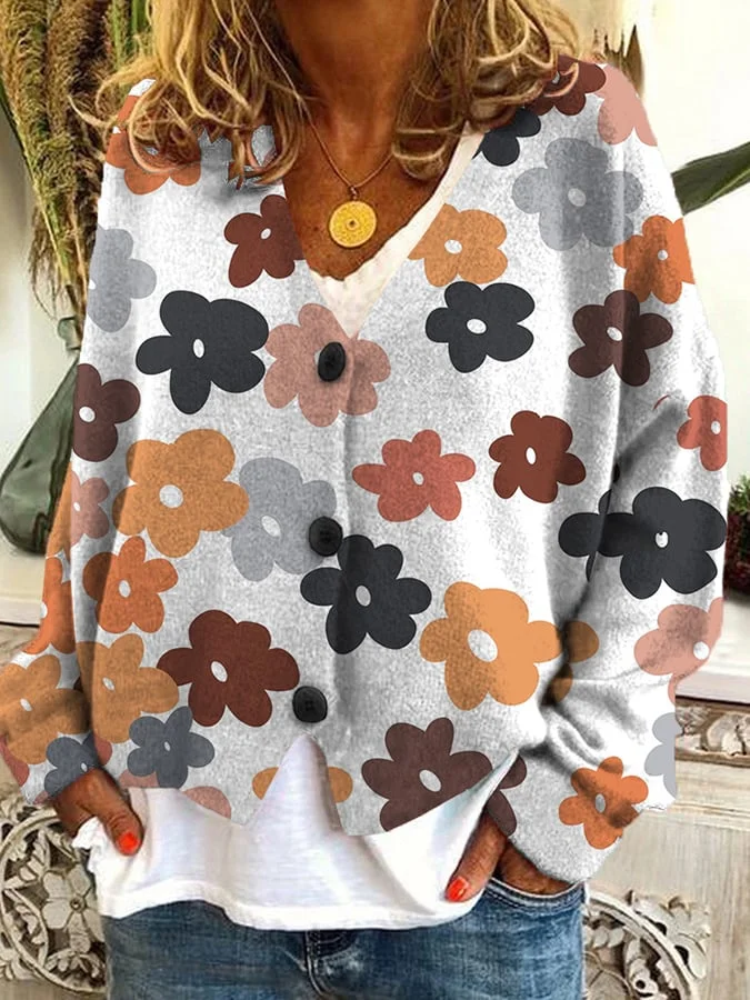 Floral Print Casual Button Flannel Cardigan