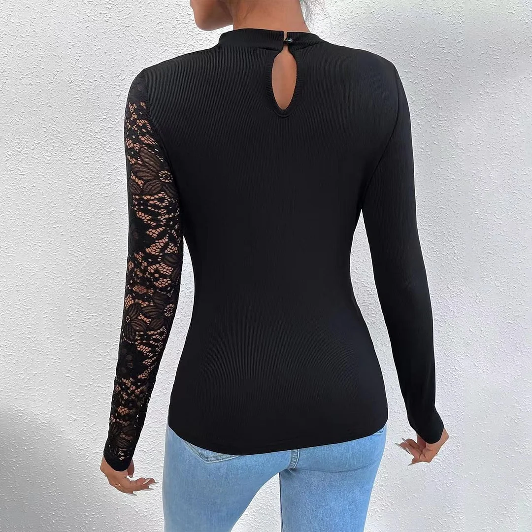 Wongn Wongn Spring And Autumn Sexy Off-The-Shoulder Lace Irregular Long-Sleeved T-Shirt Hanging Neck Women's Sexy T-Shirt