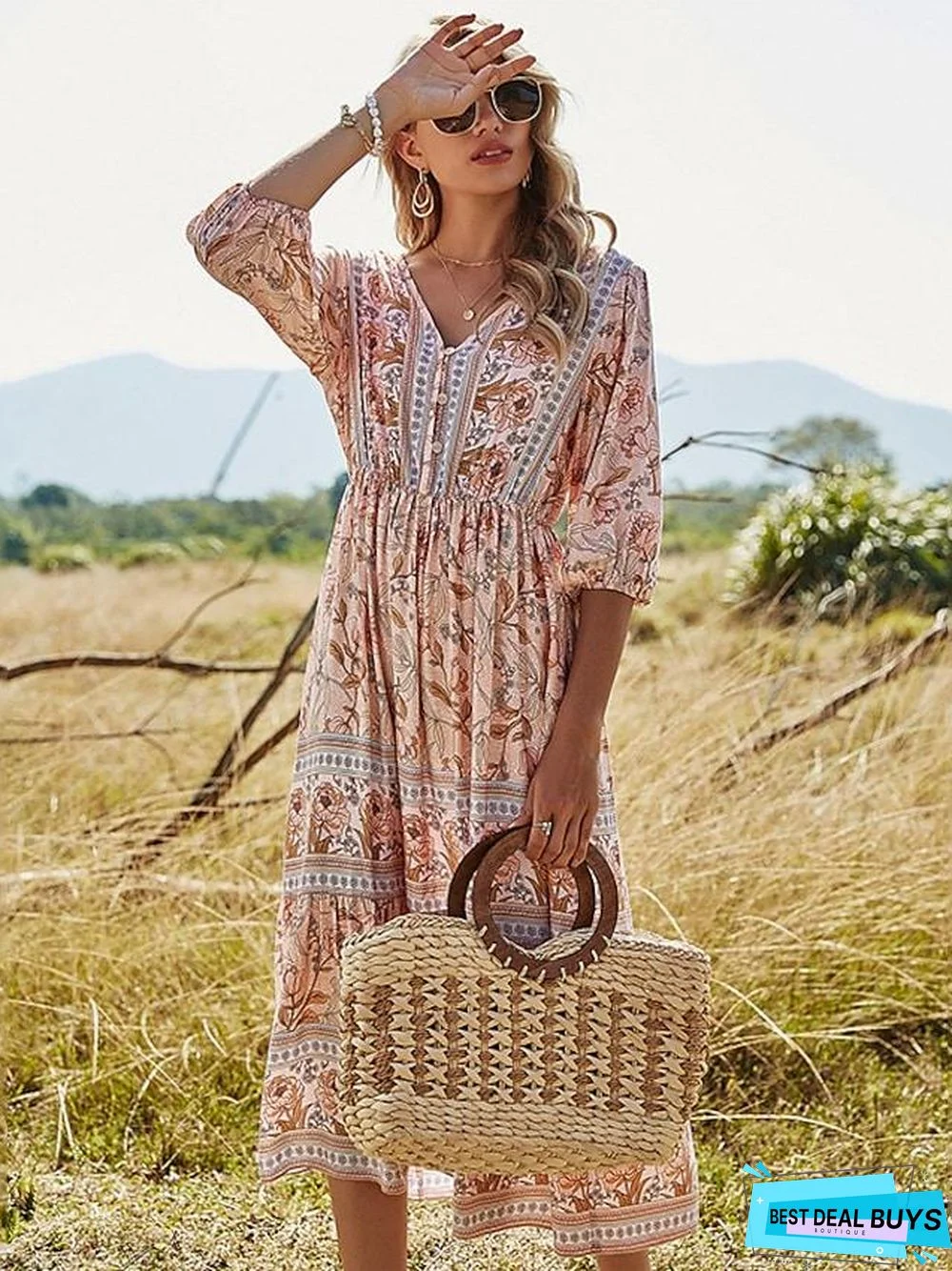 Women's Swing Dress Midi Dress Half Sleeve Print Spring Summer V Neck Vacation Holiday Boho