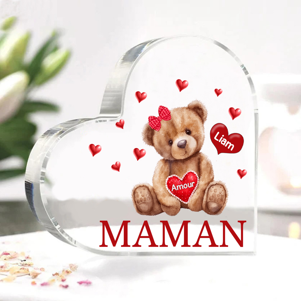À ma Maman/Mamie - Plaque Acrylique Ours en Forme de Cœur 1 Prénom Personnalisés avec 1 Texte